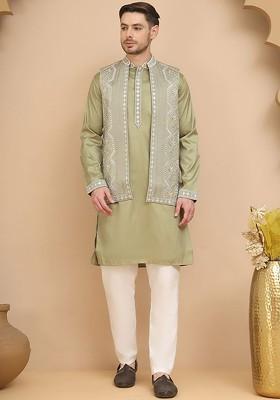 Green Embroidered Poly Blend Kurta Set For Men