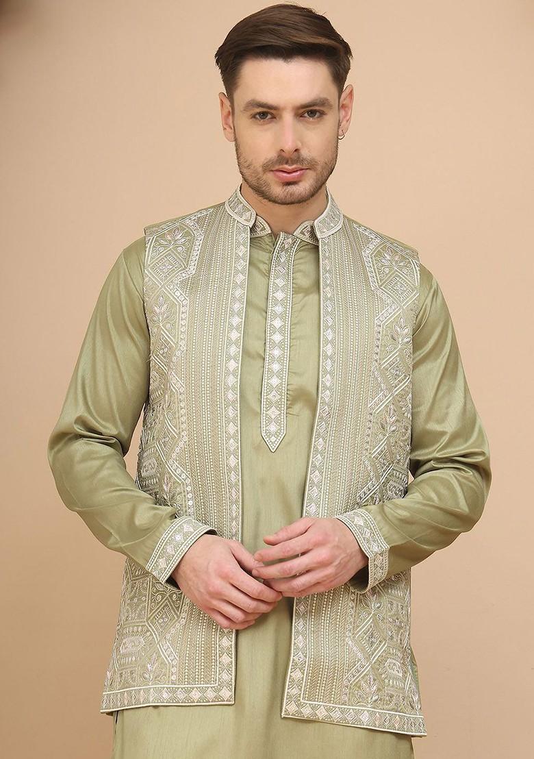Green Embroidered Poly Blend Kurta Set For Men