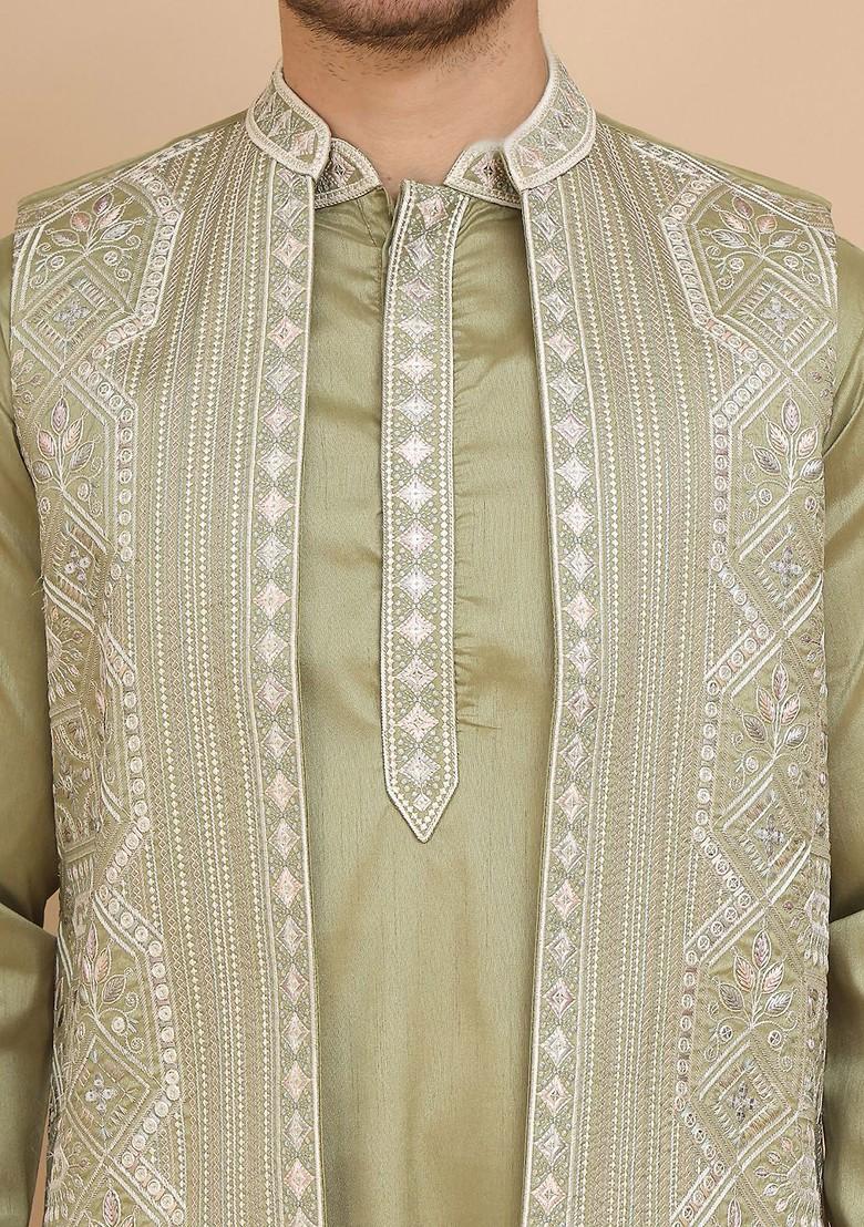 Green Embroidered Poly Blend Kurta Set For Men