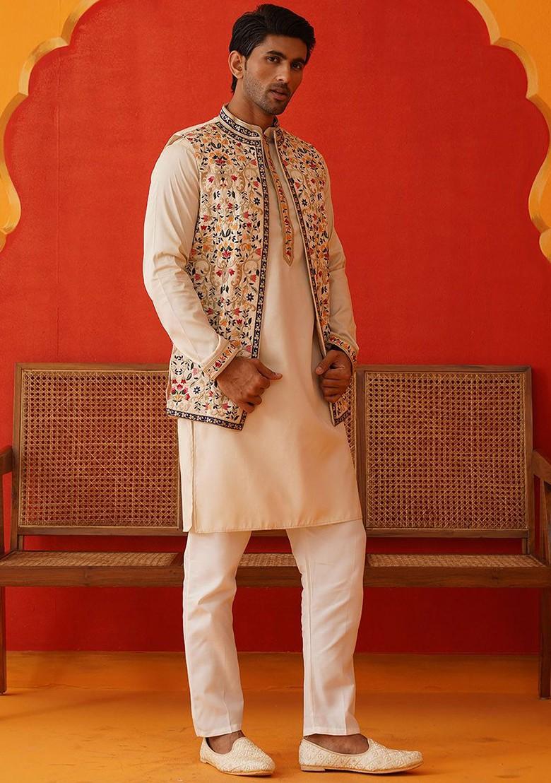 Cream Embroidered Poly Blend Kurta Set For Men
