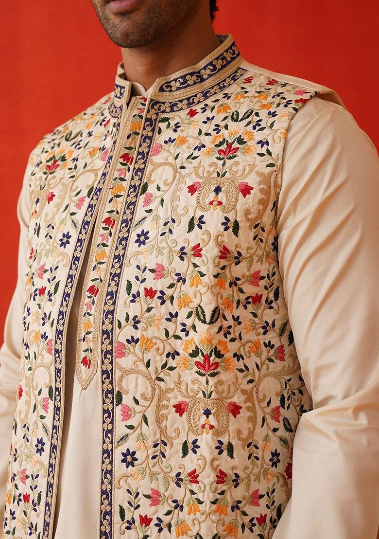 Cream Embroidered Poly Blend Kurta Set For Men