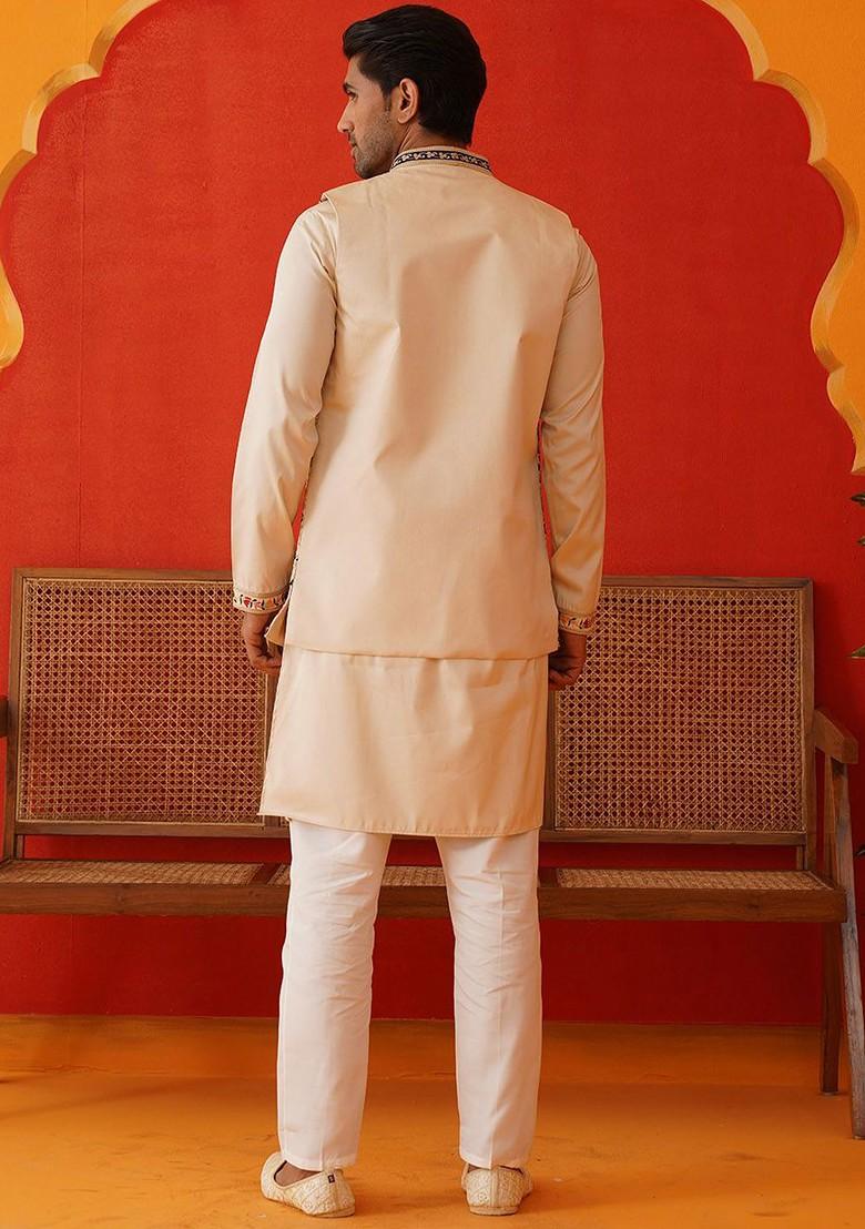 Cream Embroidered Poly Blend Kurta Set For Men