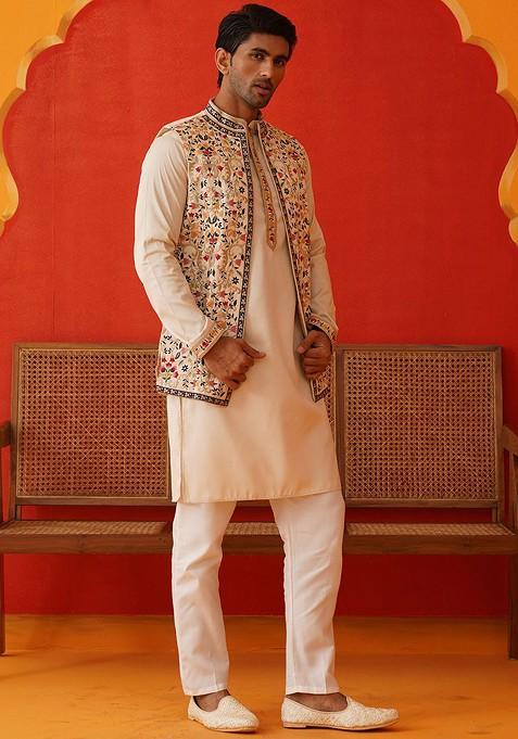 Cream Embroidered Poly Blend Kurta Set For Men