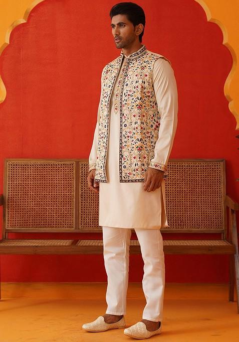 Cream Embroidered Poly Blend Kurta Set For Men