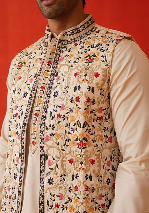Cream Embroidered Poly Blend Kurta Set For Men