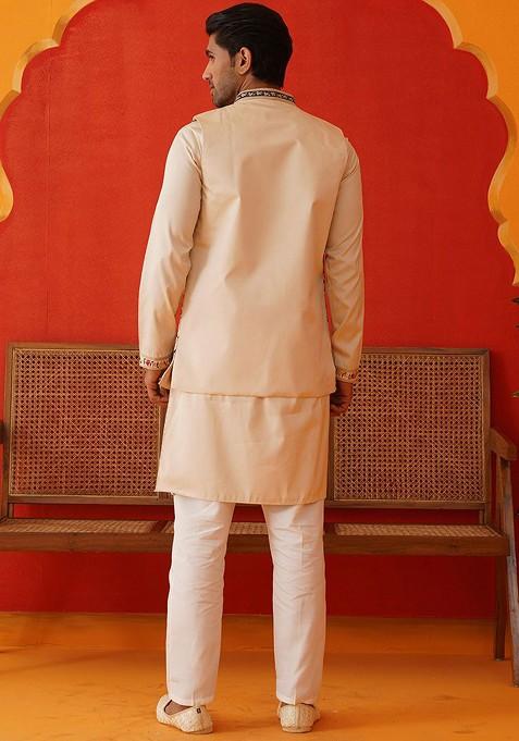 Cream Embroidered Poly Blend Kurta Set For Men