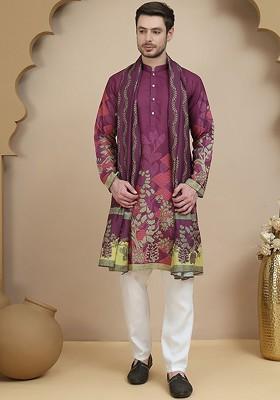 Purple Printed Poly Blend Kurta Set For Men