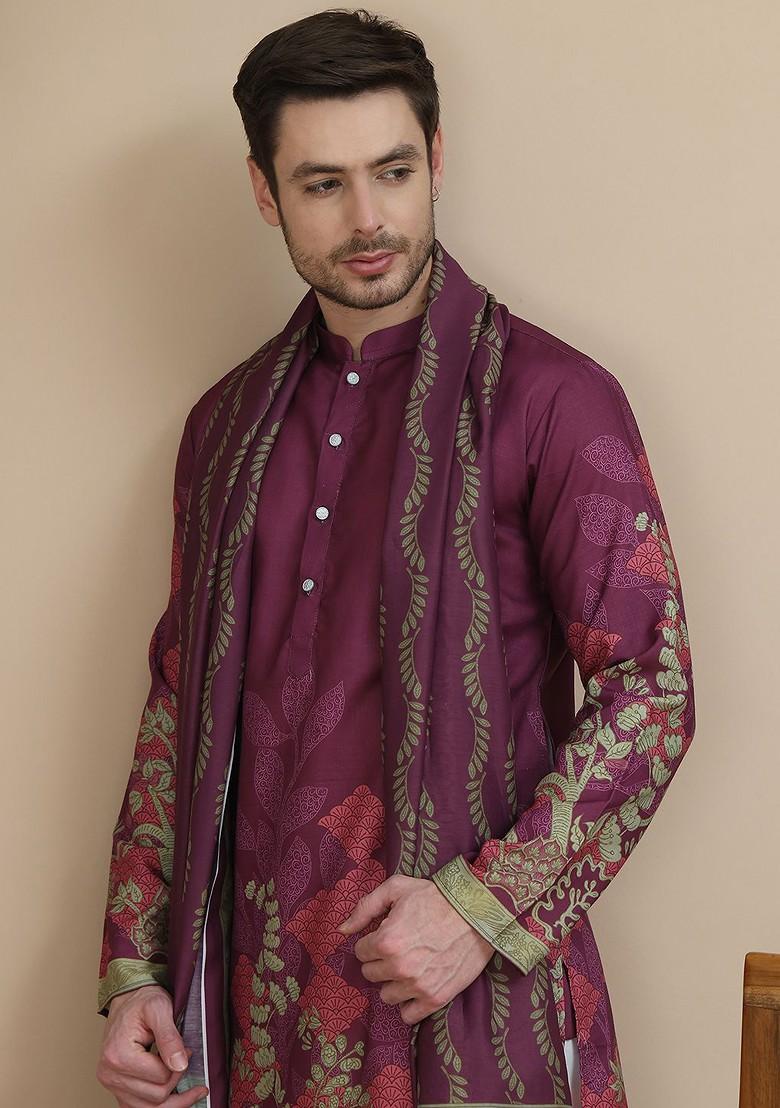 Purple Printed Poly Blend Kurta Set For Men