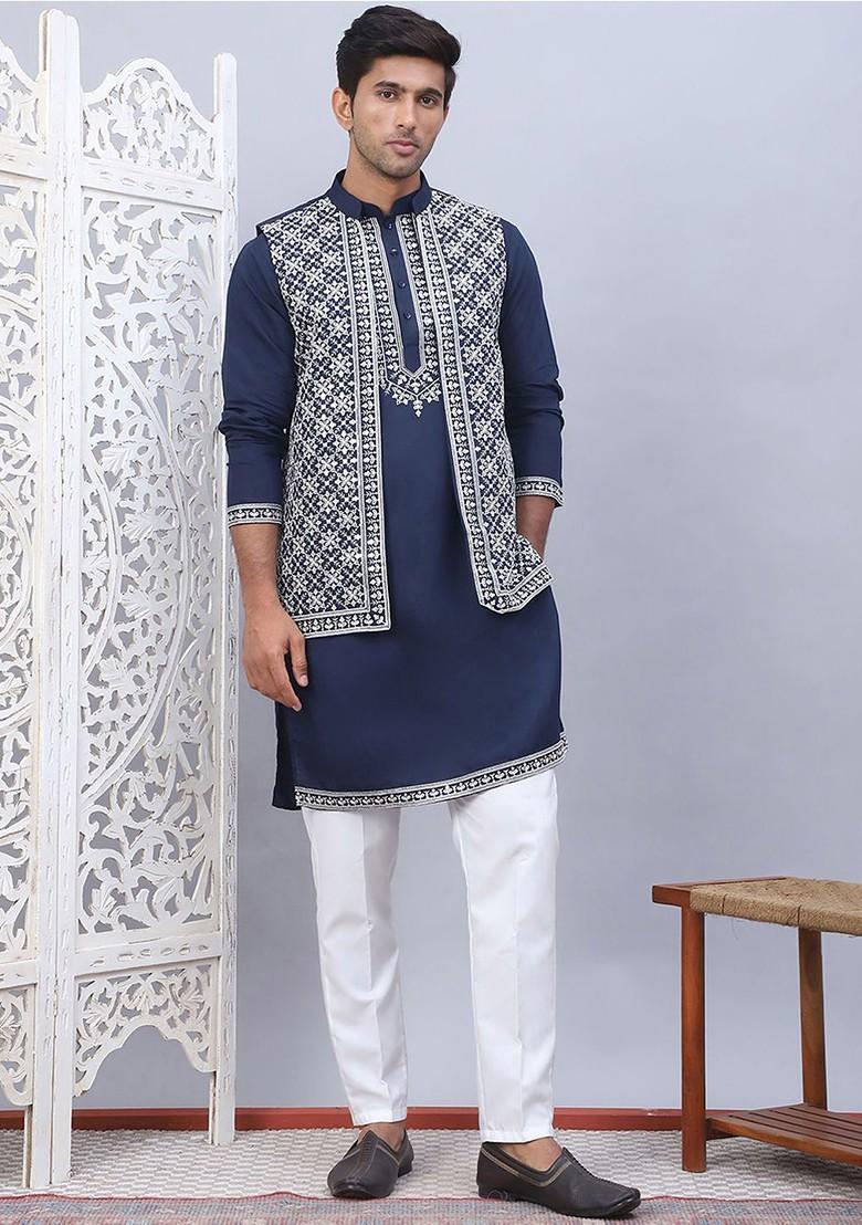 Navy Blue Embroidered Poly Blend Kurta Set For Men