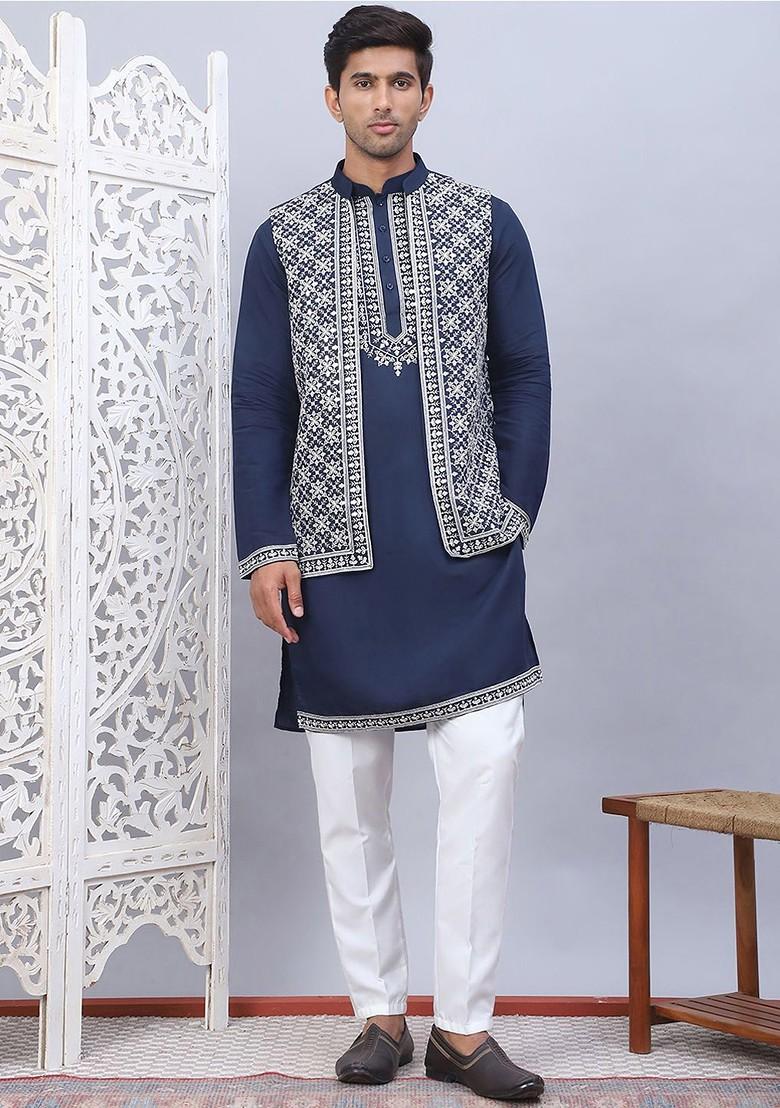 Navy Blue Embroidered Poly Blend Kurta Set For Men