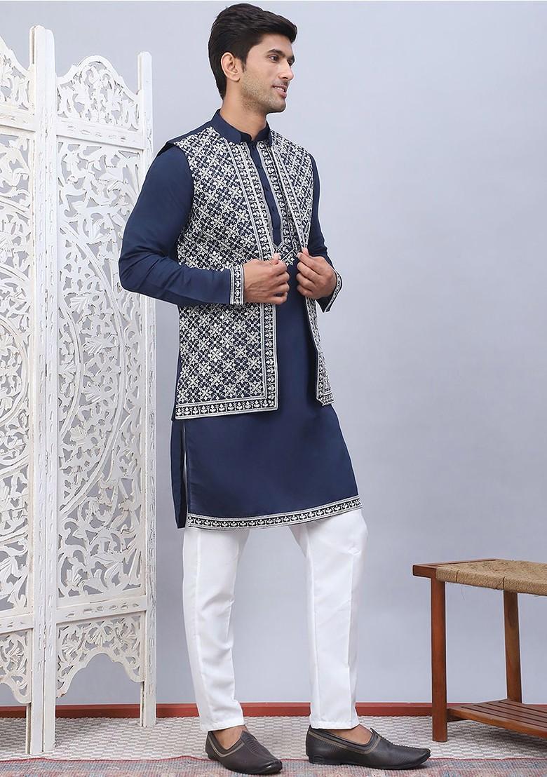 Navy Blue Embroidered Poly Blend Kurta Set For Men