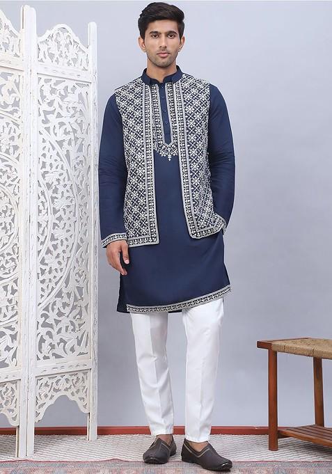 Navy Blue Embroidered Poly Blend Kurta Set For Men