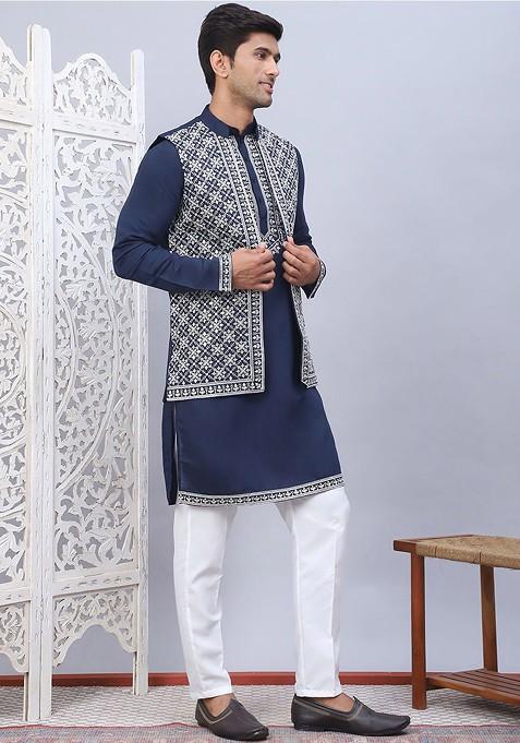 Navy Blue Embroidered Poly Blend Kurta Set For Men