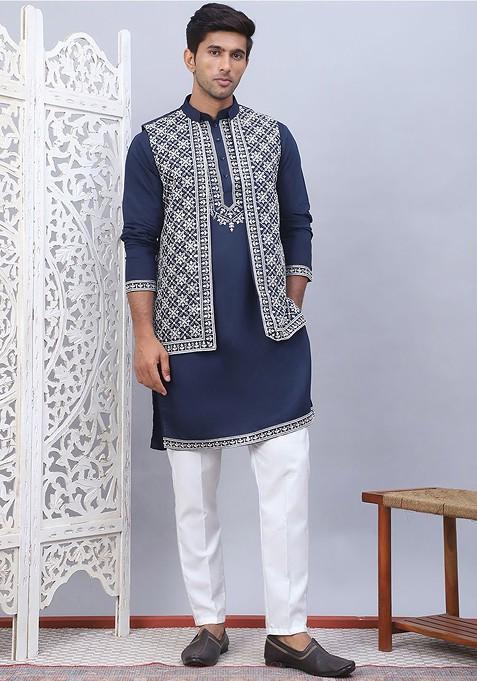 Navy Blue Embroidered Poly Blend Kurta Set For Men