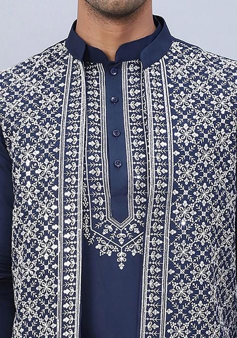 Navy Blue Embroidered Poly Blend Kurta Set For Men