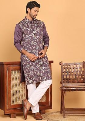 Purple Embroidered Poly Blend Kurta Set For Men