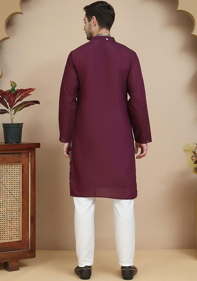 Maroon Embroidered Poly Blend Kurta Set For Men