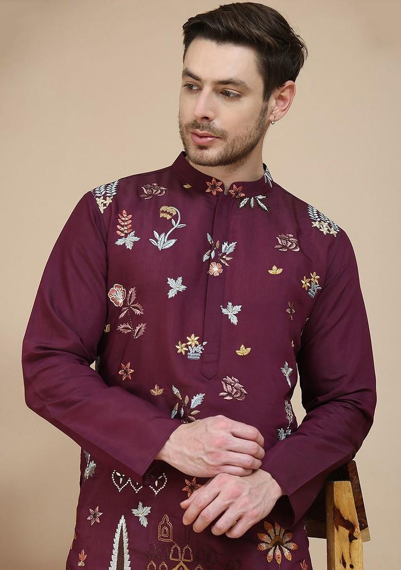 Maroon Embroidered Poly Blend Kurta Set For Men