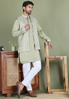 Green Embroidered Poly Blend Kurta Set For Men