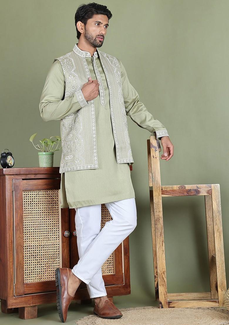 Green Embroidered Poly Blend Kurta Set For Men