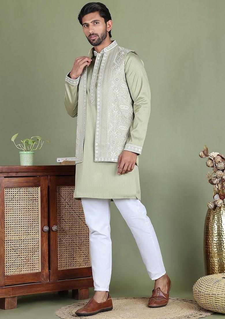 Green Embroidered Poly Blend Kurta Set For Men