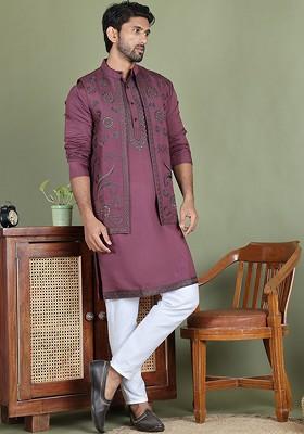 Purple Embroidered Poly Blend Kurta Set For Men