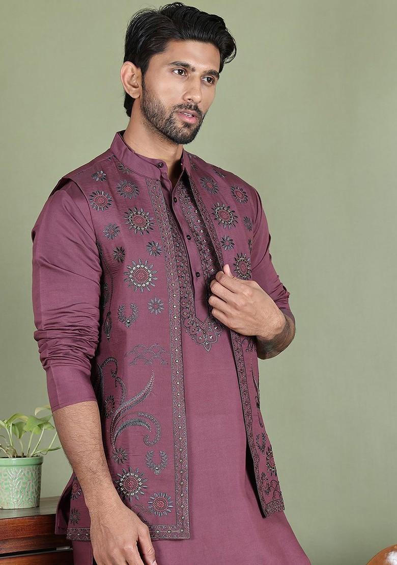 Purple Embroidered Poly Blend Kurta Set For Men
