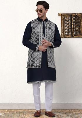 Navy Blue Ethnic Motif Poly Blend Kurta Set For Men