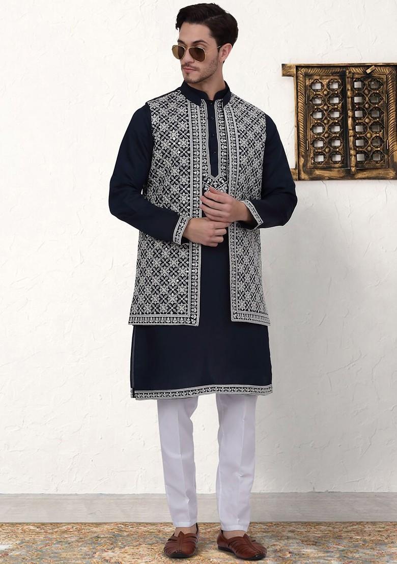 Navy Blue Ethnic Motif Poly Blend Kurta Set For Men