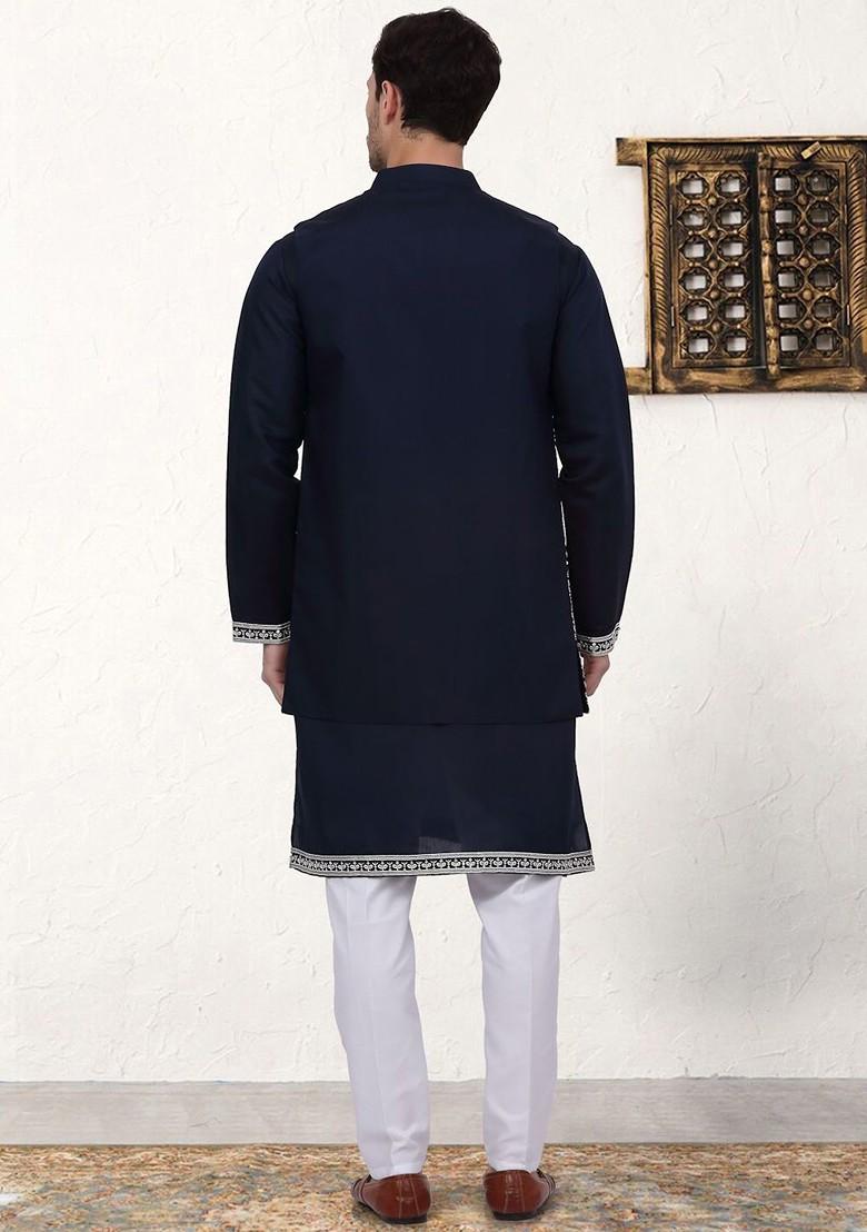 Navy Blue Ethnic Motif Poly Blend Kurta Set For Men