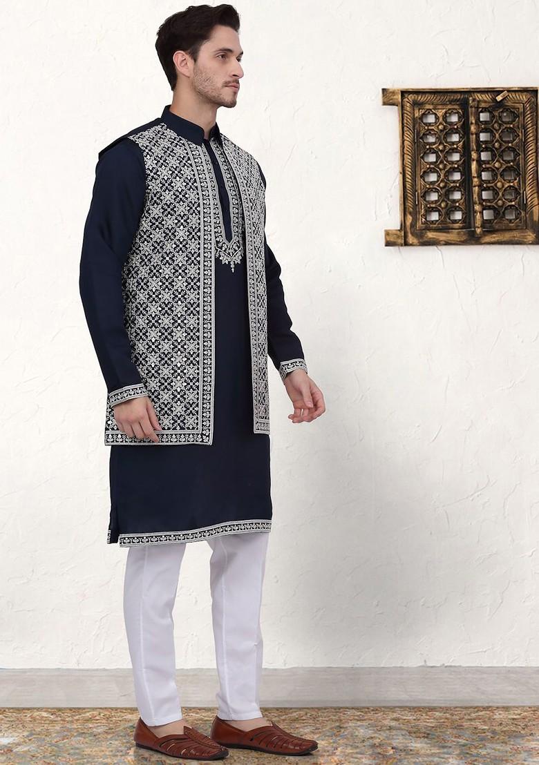 Navy Blue Ethnic Motif Poly Blend Kurta Set For Men