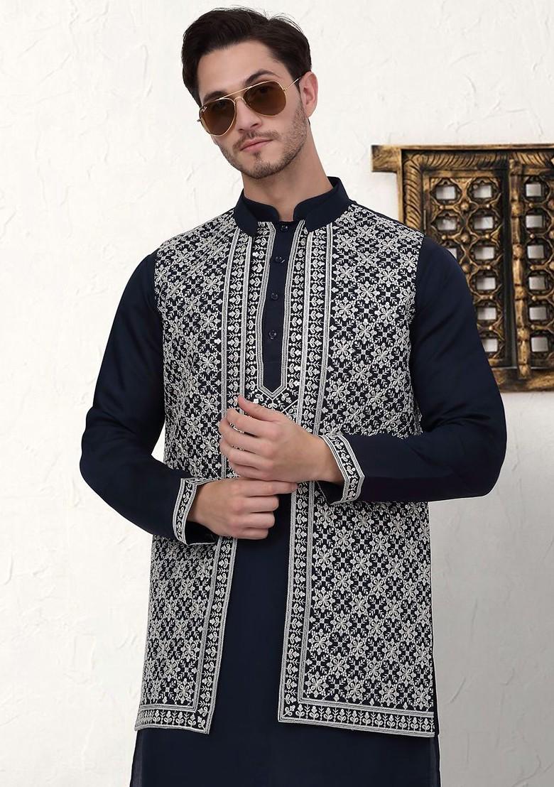 Navy Blue Ethnic Motif Poly Blend Kurta Set For Men