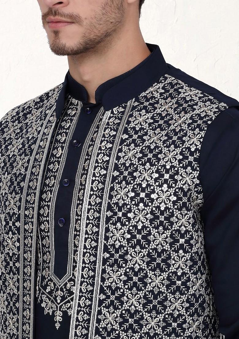Navy Blue Ethnic Motif Poly Blend Kurta Set For Men