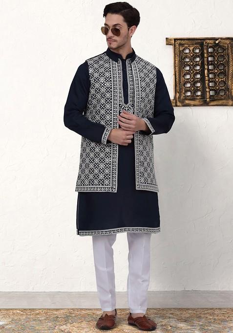 Navy Blue Ethnic Motif Poly Blend Kurta Set For Men