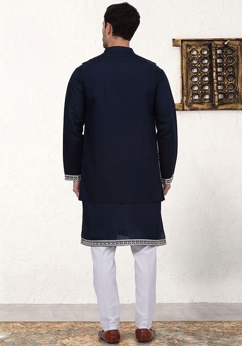 Navy Blue Ethnic Motif Poly Blend Kurta Set For Men
