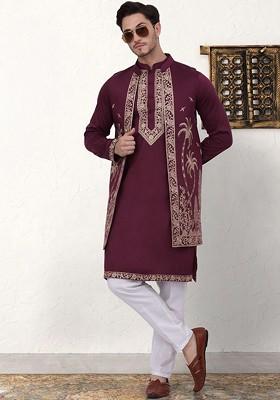Purple Embroidered Poly Blend Kurta Set For Men