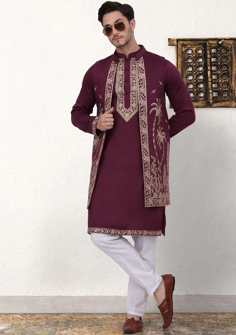 Purple Embroidered Poly Blend Kurta Set For Men