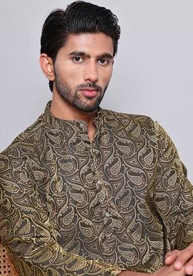 Black Woven Design Poly Blend Kurta Set For Men