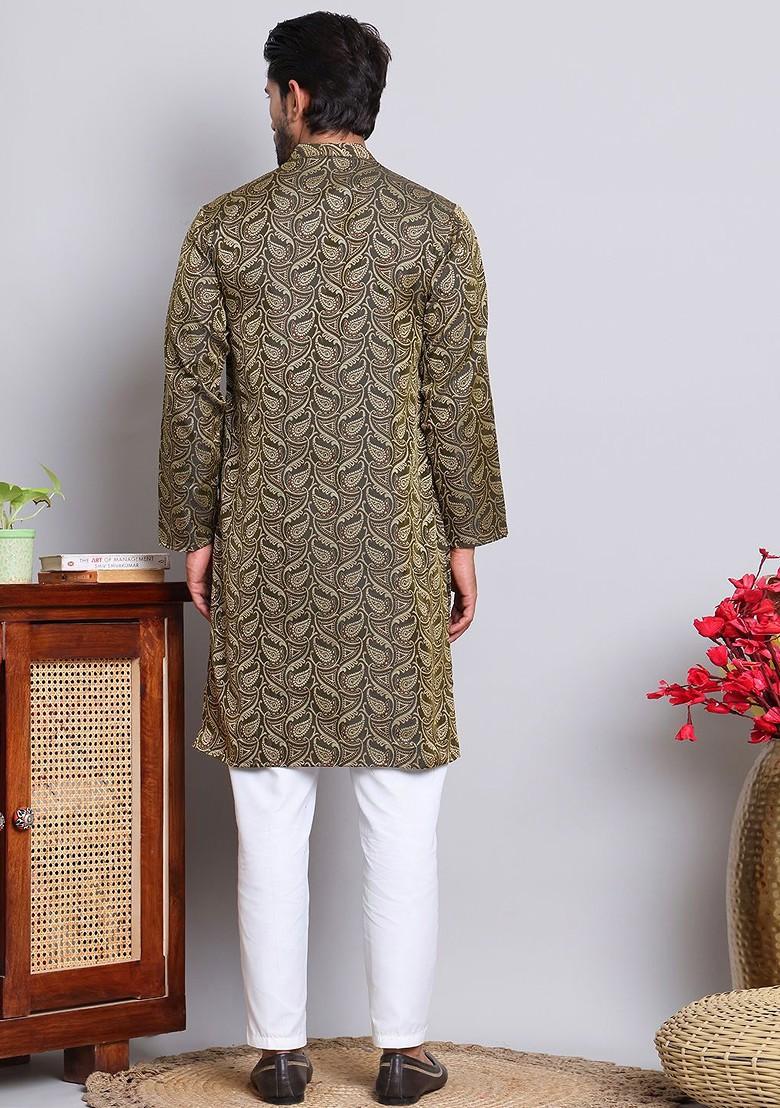 Black Woven Design Poly Blend Kurta Set For Men