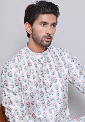White Printed Poly Blend Kurta Set For Men