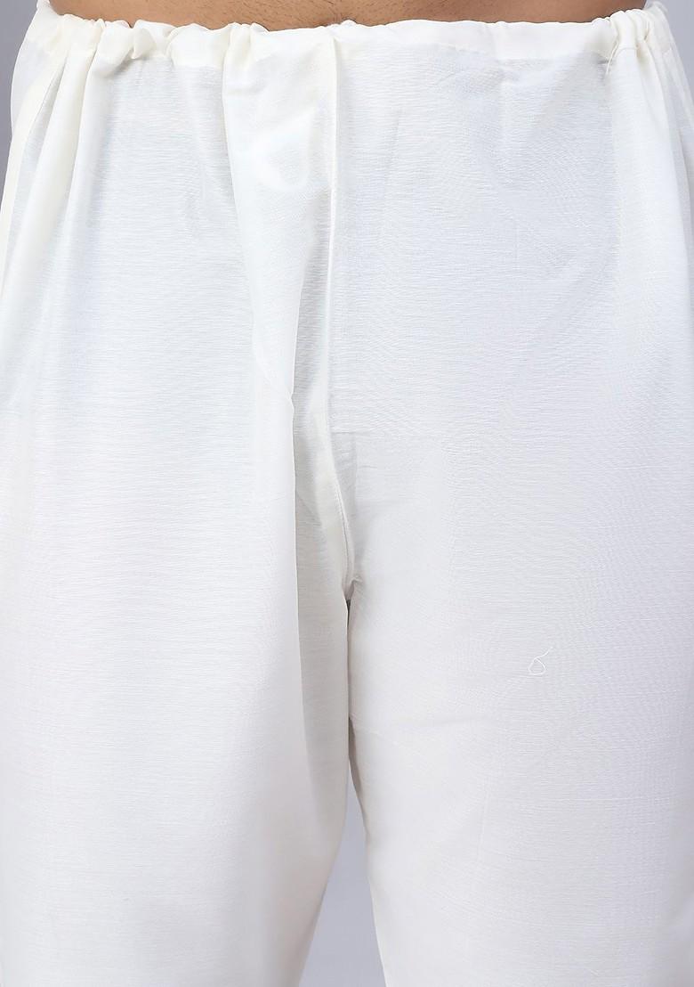 White Printed Poly Blend Kurta Set For Men