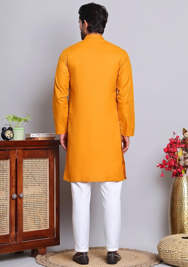 Mustard Yellow Embroidered Poly Blend Kurta Set For Men