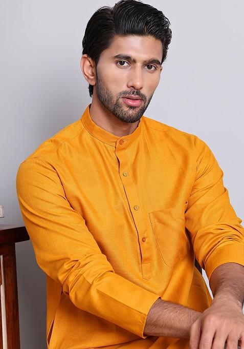 Mustard Yellow Embroidered Poly Blend Kurta Set For Men