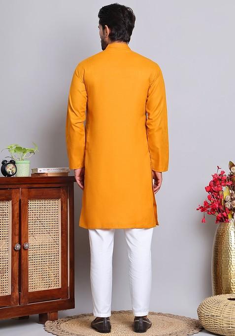 Mustard Yellow Embroidered Poly Blend Kurta Set For Men