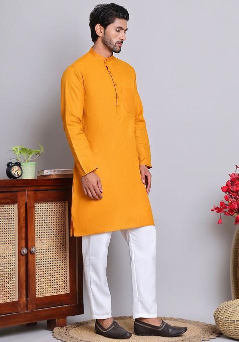 Mustard Yellow Embroidered Poly Blend Kurta Set For Men