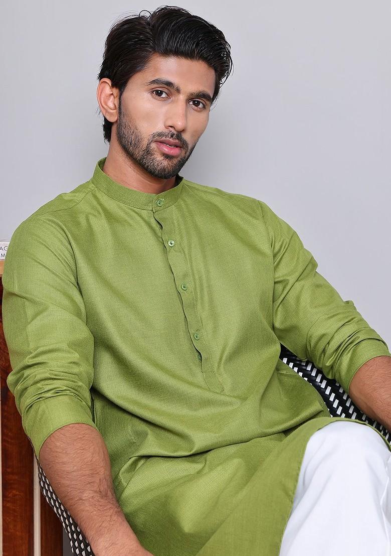 Olive Embroidered Poly Blend Kurta Set For Men