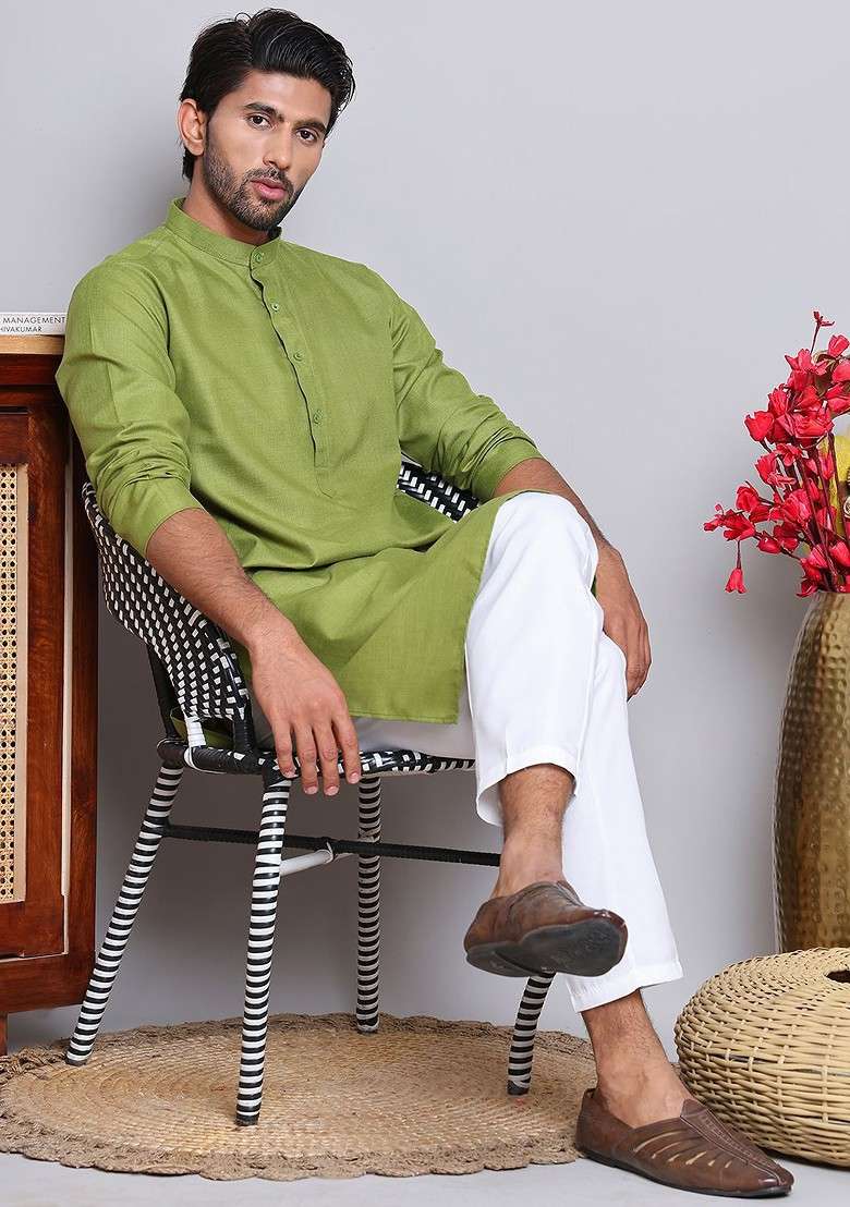 Olive Embroidered Poly Blend Kurta Set For Men - Indya