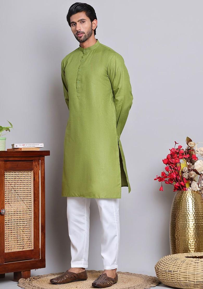 Olive Embroidered Poly Blend Kurta Set For Men