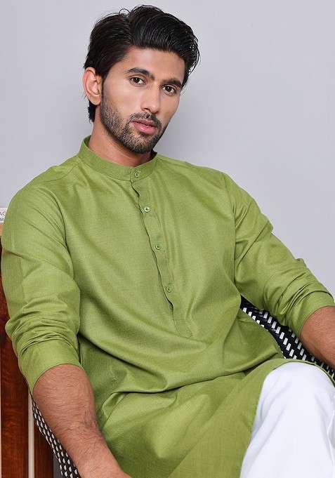 Olive Embroidered Poly Blend Kurta Set For Men
