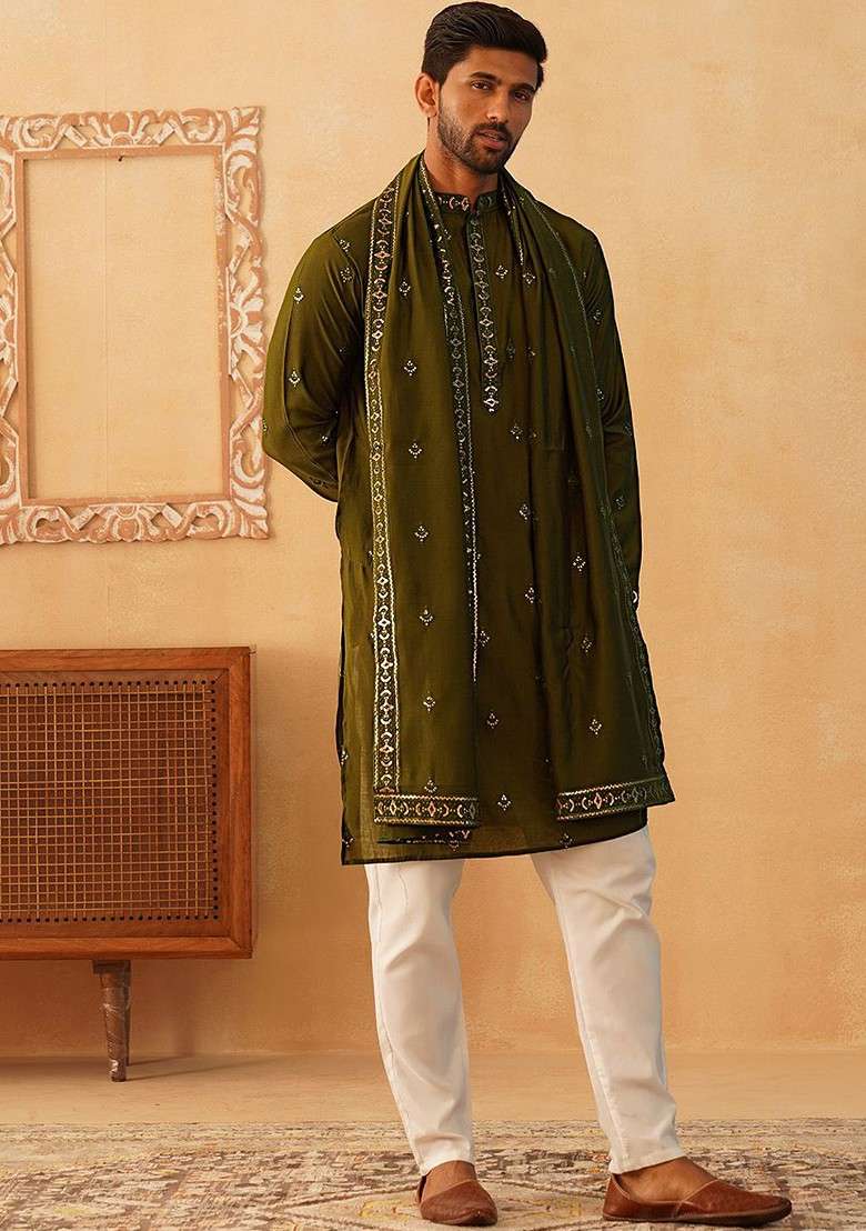 Olive Embroidered Poly Blend Kurta Set For Men - Indya